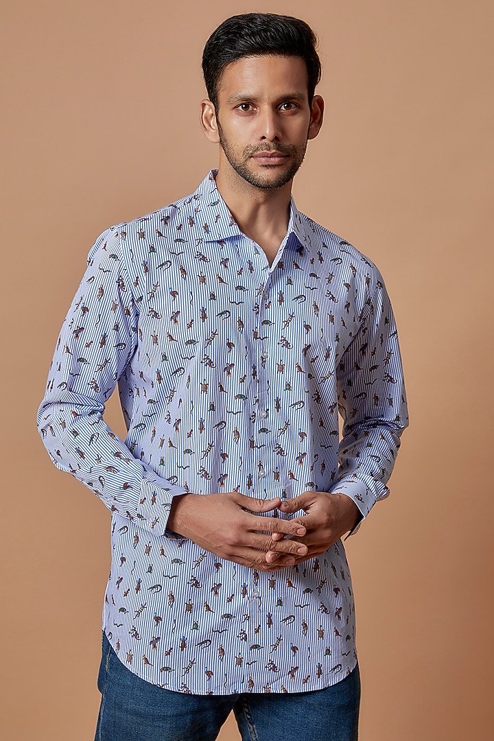 Blue Cotton Digital Printed Party Wear Shirt by Amalfi By Mohid Merchant at Pernia's Pop Up Shop