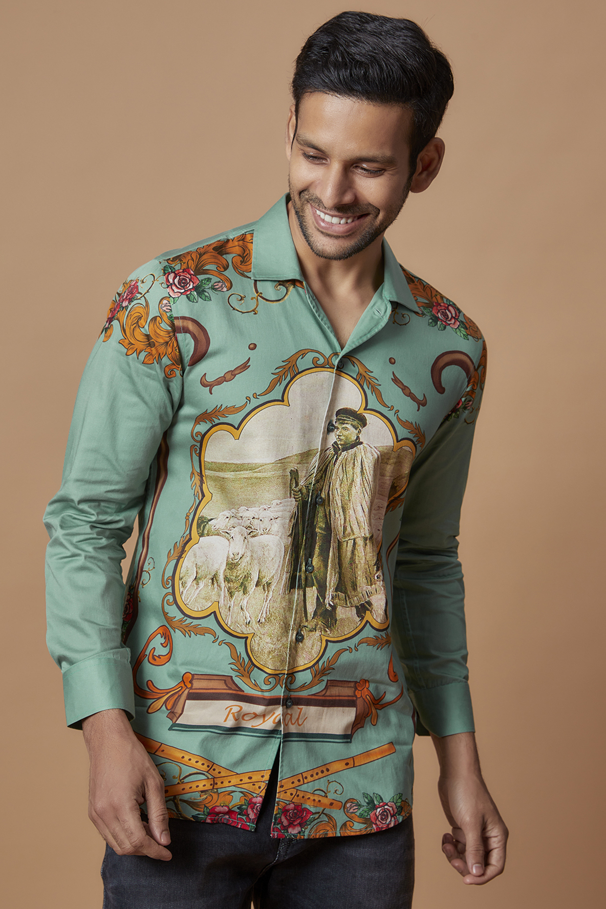 Green Cotton Digital Printed Shirt by Amalfi By Mohid Merchant