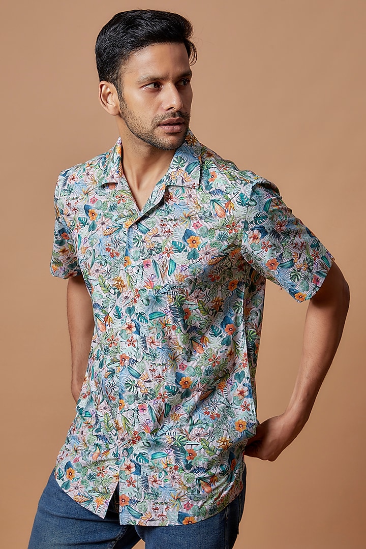 White Cotton Floral Printed Shirt by Amalfi By Mohid Merchant