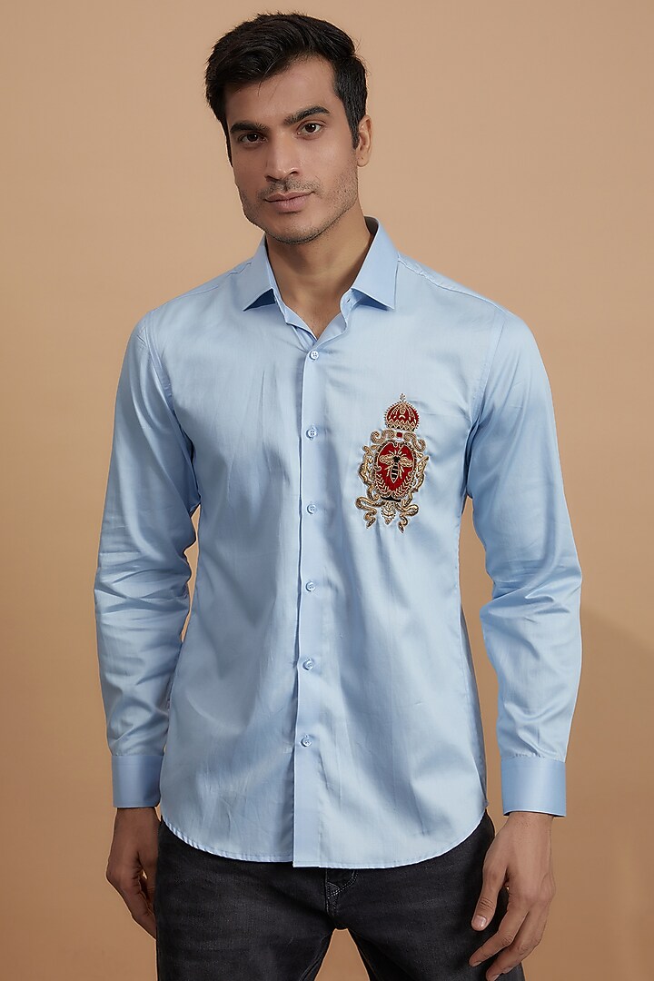 Blue Cotton Embroidered Party Wear Shirt by Amalfi By Mohid Merchant at Pernia's Pop Up Shop