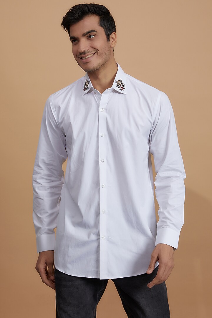 White Cotton Embroidered Party Wear Shirt by Amalfi By Mohid Merchant at Pernia's Pop Up Shop