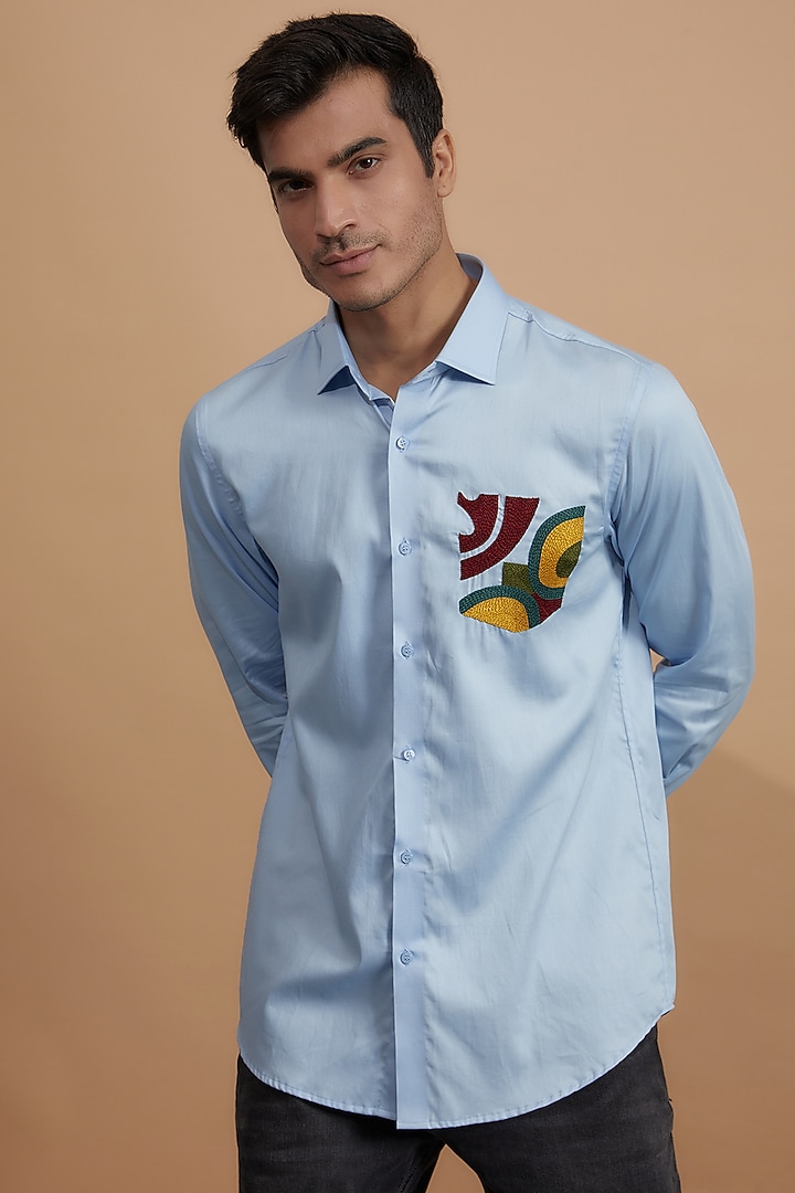Blue Cotton Embroidered Party Wear Shirt by Amalfi By Mohid Merchant at Pernia's Pop Up Shop