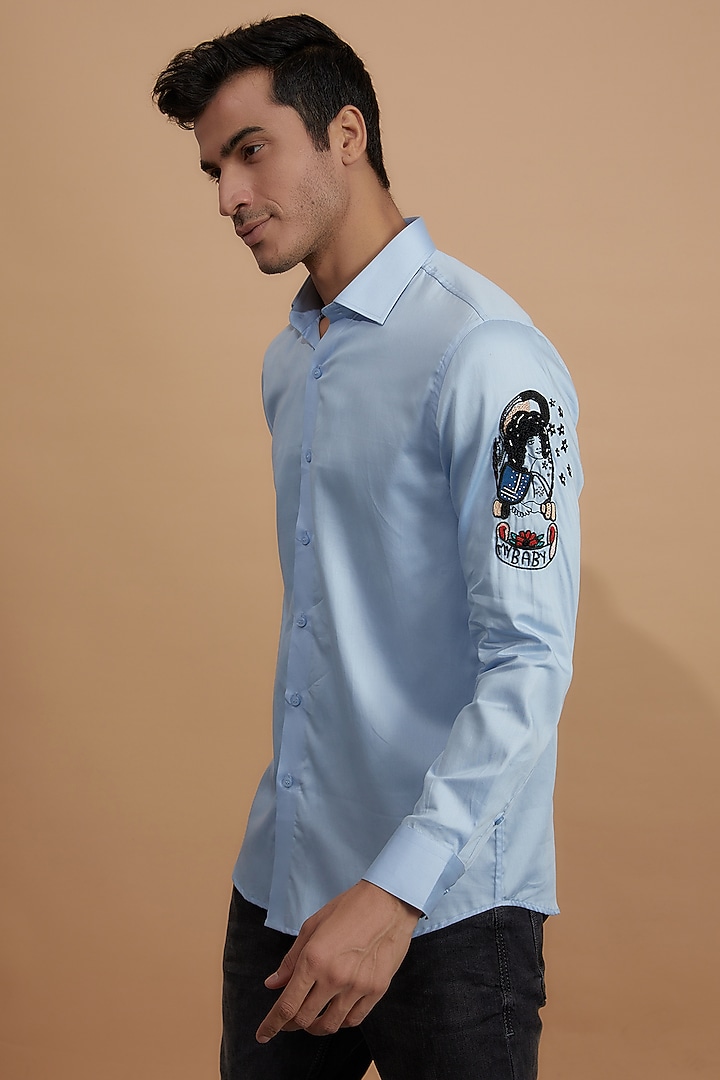 Blue Cotton Embroidered Party Wear Shirt by Amalfi By Mohid Merchant at Pernia's Pop Up Shop