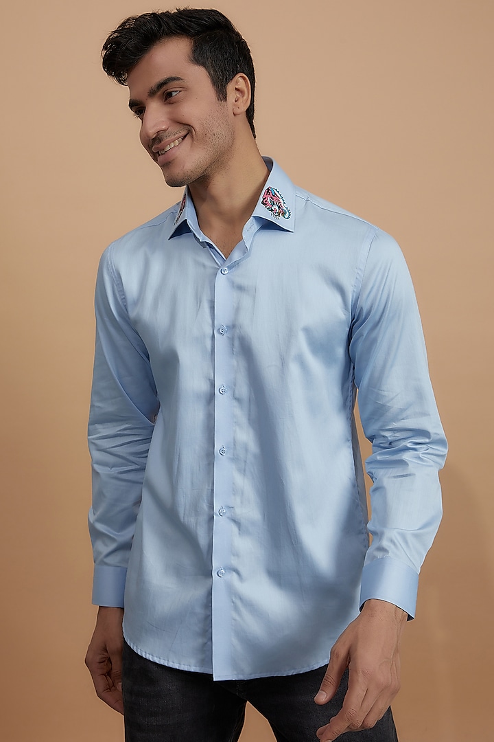 Blue Cotton Zardosi Embroidered Party Wear Shirt by Amalfi By Mohid Merchant at Pernia's Pop Up Shop