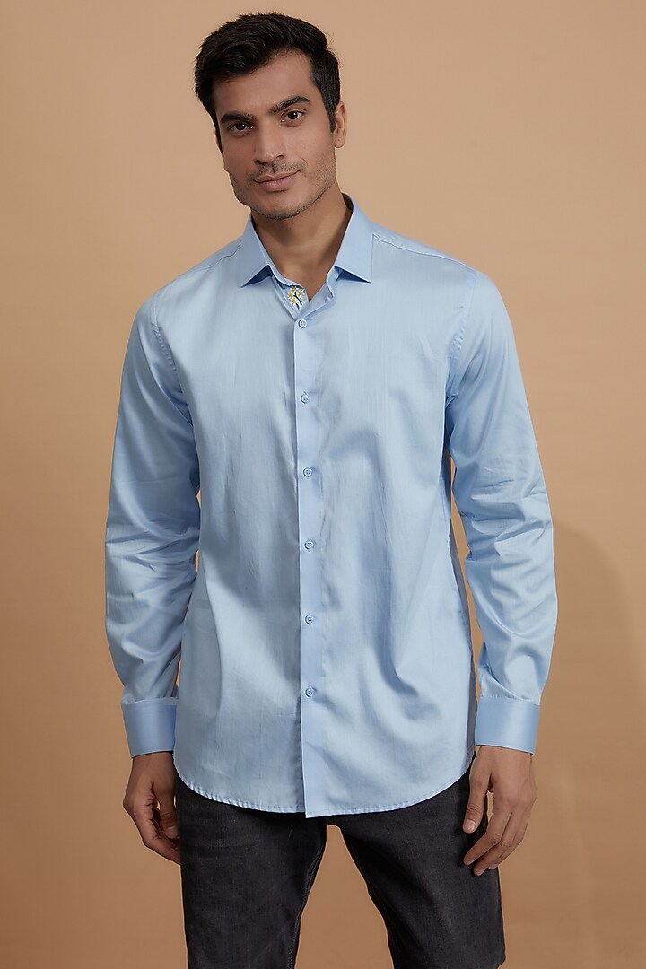 Blue Cotton Embroidered Party Wear Shirt by Amalfi By Mohid Merchant at Pernia's Pop Up Shop