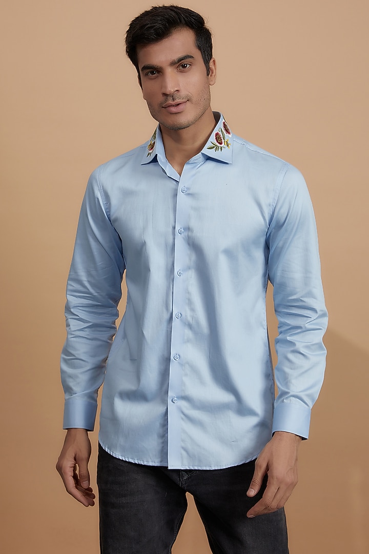 Blue Cotton Floral Embroidered Party Wear Shirt by Amalfi By Mohid Merchant at Pernia's Pop Up Shop