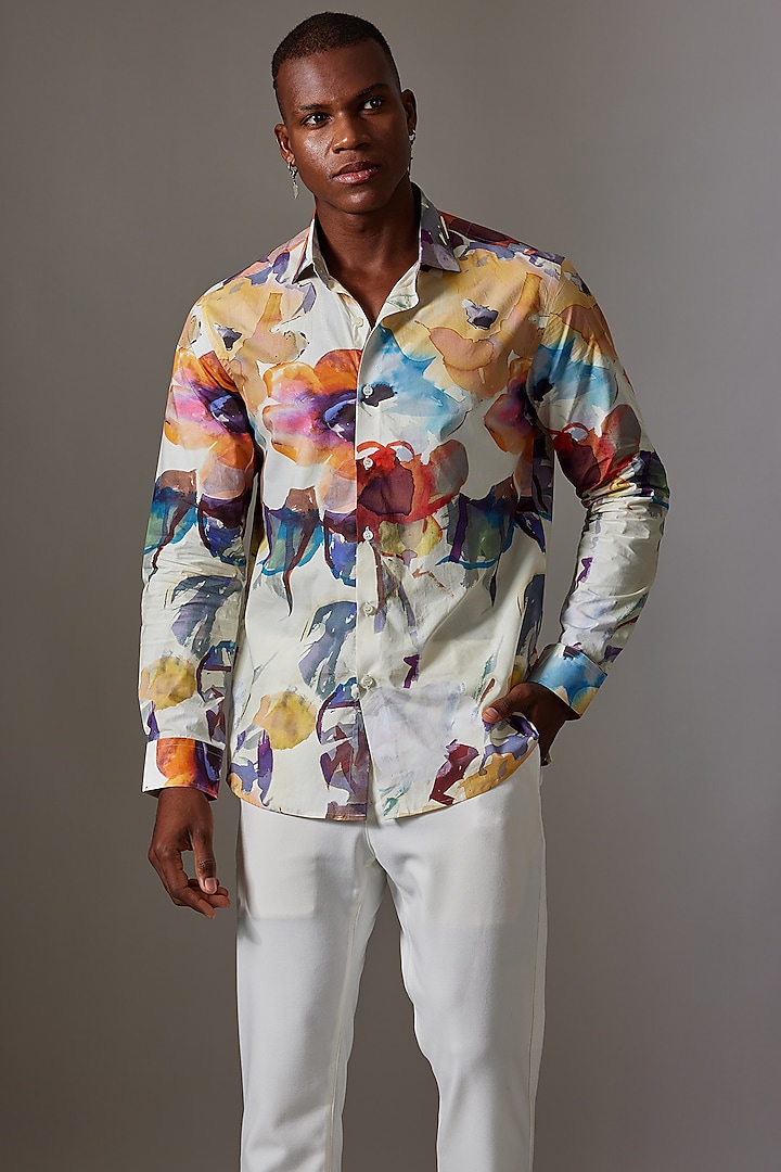 Off-White Cotton Printed Shirt by Amalfi By Mohid Merchant