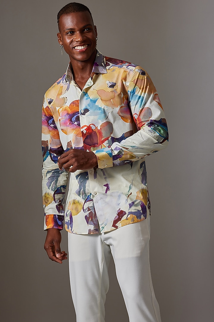 Off-White Cotton Printed Wedding Shirt by Amalfi By Mohid Merchant at Pernia's Pop Up Shop