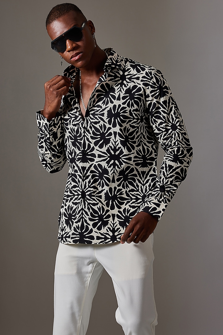 Black Cotton Printed Shirt by Amalfi By Mohid Merchant