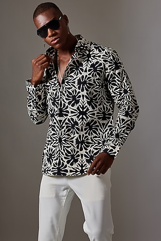 Black Cotton Printed Shirt by Amalfi By Mohid Merchant
