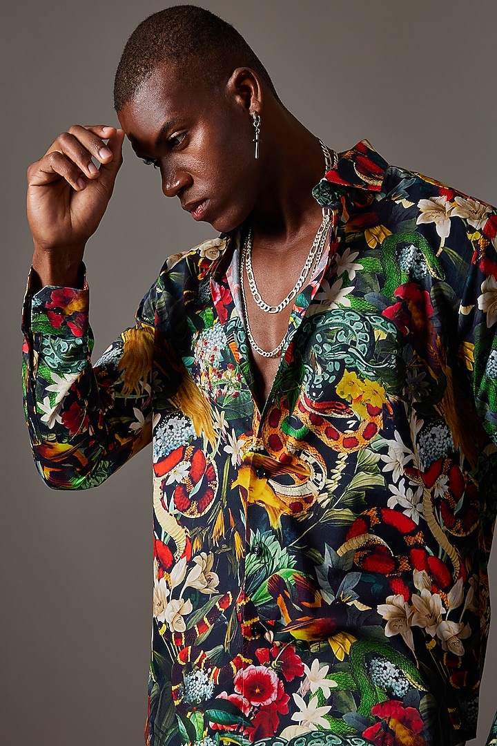 Black Cotton Printed Party Wear Shirt by Amalfi By Mohid Merchant at Pernia's Pop Up Shop