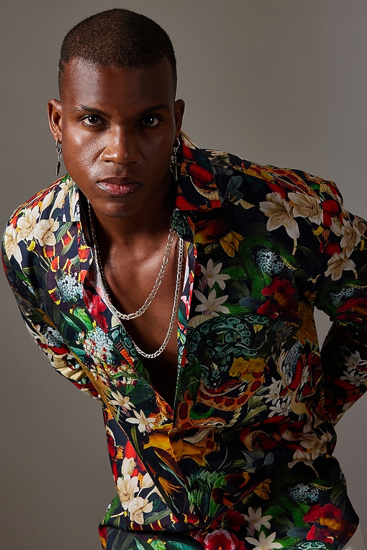 Black Cotton Printed Party Wear Shirt by Amalfi By Mohid Merchant at Pernia's Pop Up Shop