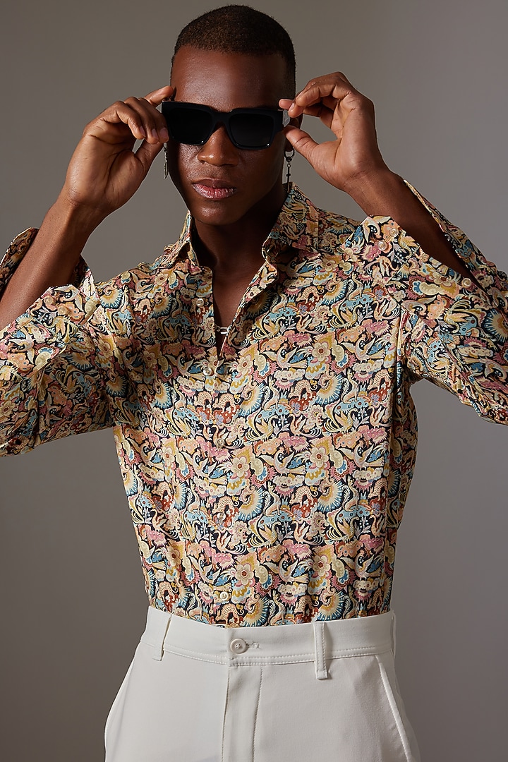 Beige Cotton & Silk Printed Wedding Shirt by Amalfi By Mohid Merchant at Pernia's Pop Up Shop