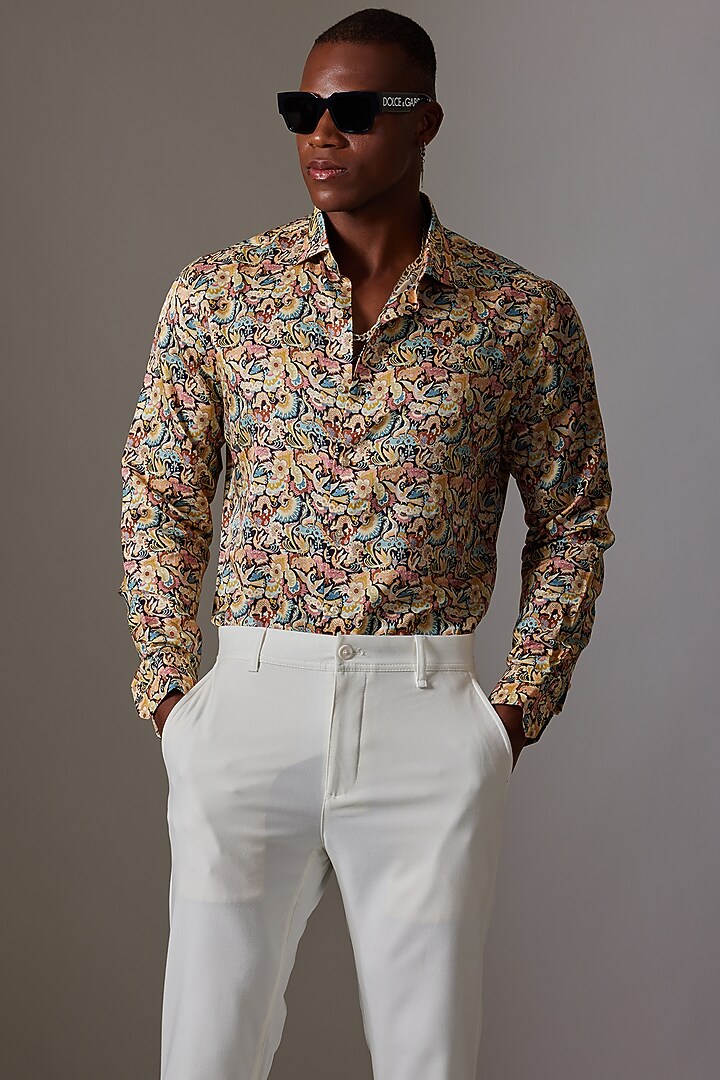 Beige Cotton & Silk Printed Wedding Shirt by Amalfi By Mohid Merchant at Pernia's Pop Up Shop