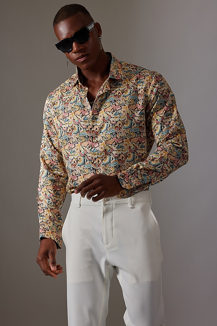 Beige Cotton & Silk Printed Wedding Shirt by Amalfi By Mohid Merchant at Pernia's Pop Up Shop