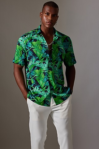 Green Cotton Printed Shirt by Amalfi By Mohid Merchant