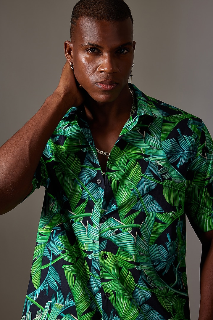 Green Cotton Printed Party Wear Shirt by Amalfi By Mohid Merchant at Pernia's Pop Up Shop