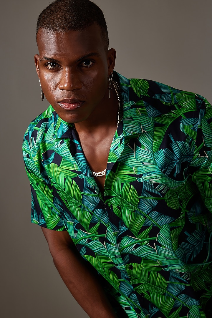 Green Cotton Printed Party Wear Shirt by Amalfi By Mohid Merchant at Pernia's Pop Up Shop