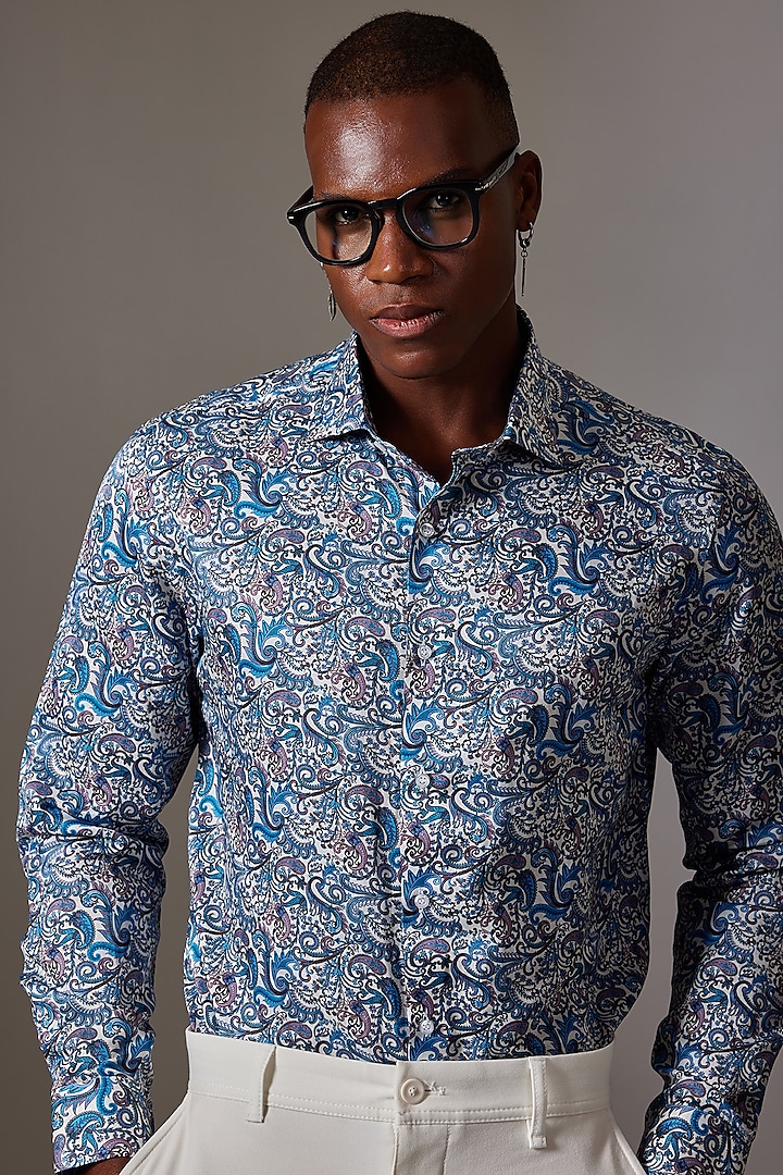 Blue Cotton & Silk Printed Shirt by Amalfi By Mohid Merchant