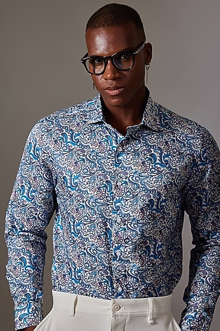 Blue Cotton & Silk Printed Shirt by Amalfi By Mohid Merchant