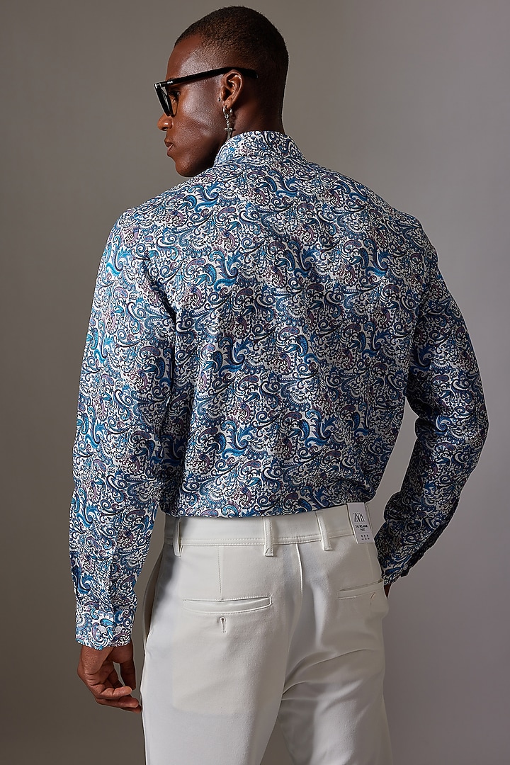 Blue Cotton & Silk Printed Wedding Shirt by Amalfi By Mohid Merchant at Pernia's Pop Up Shop