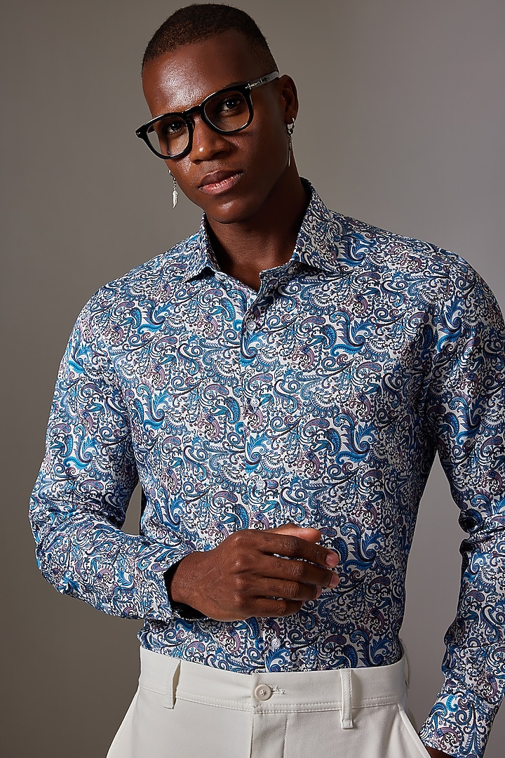 Blue Cotton & Silk Printed Wedding Shirt by Amalfi By Mohid Merchant at Pernia's Pop Up Shop