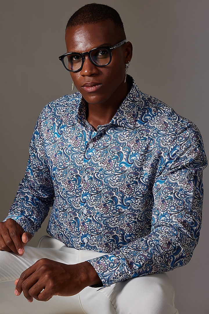 Blue Cotton & Silk Printed Wedding Shirt by Amalfi By Mohid Merchant at Pernia's Pop Up Shop