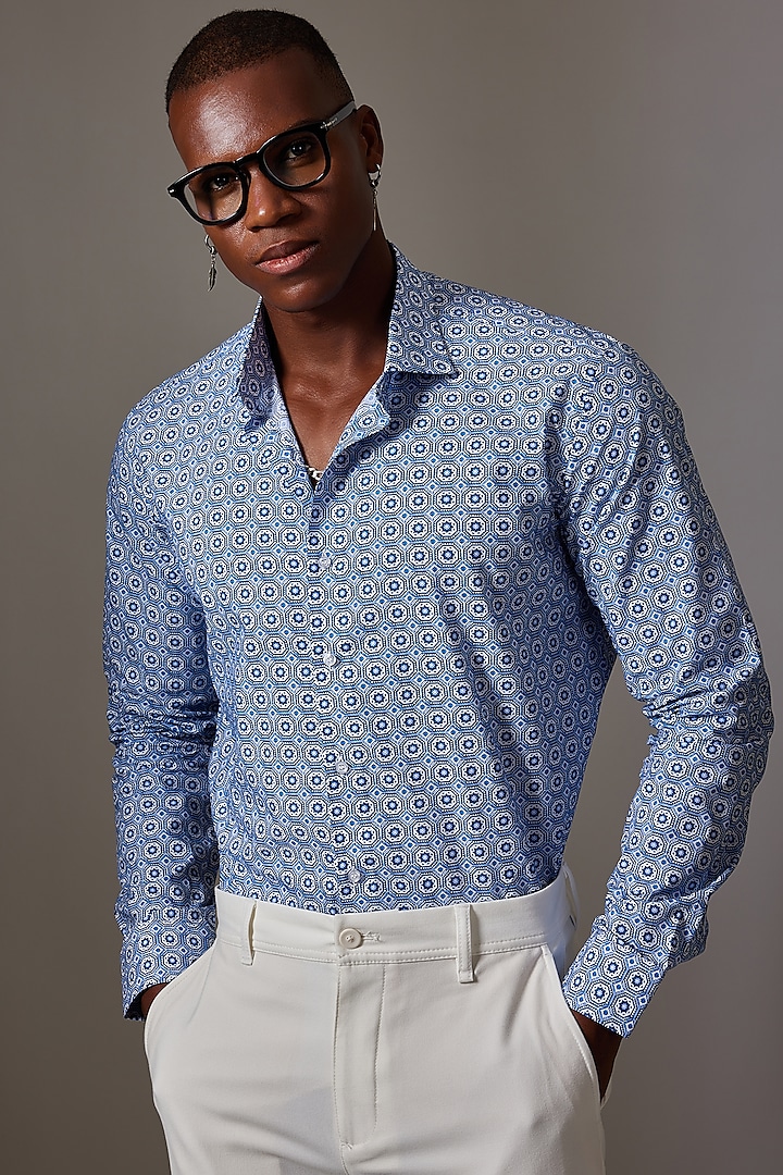 Blue Cotton Printed Shirt by Amalfi By Mohid Merchant