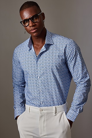 Blue Cotton Printed Shirt by Amalfi By Mohid Merchant