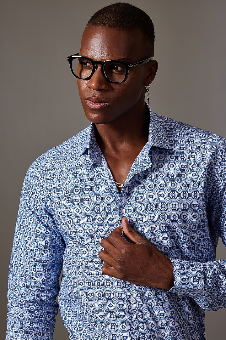 Blue Cotton Printed Wedding Shirt by Amalfi By Mohid Merchant at Pernia's Pop Up Shop