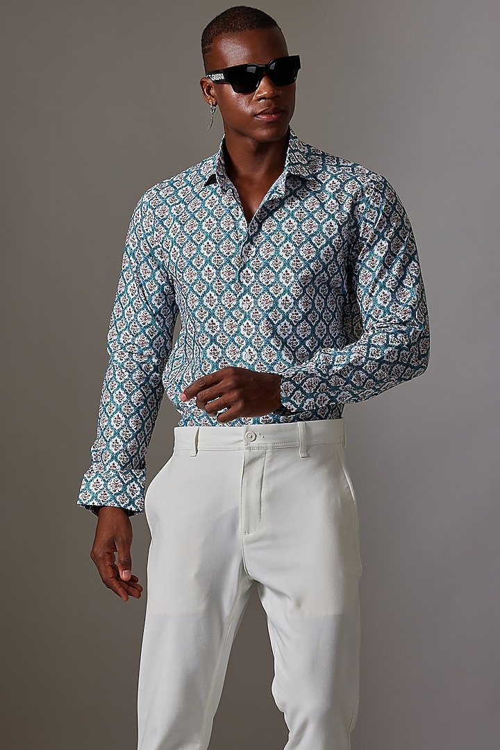 Blue Cotton Printed Shirt by Amalfi By Mohid Merchant