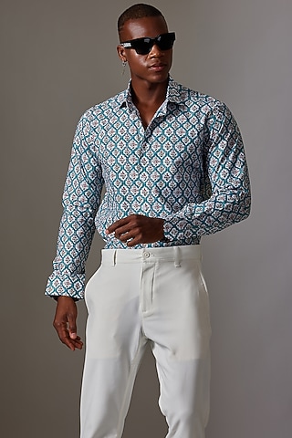 Blue Cotton Printed Shirt by Amalfi By Mohid Merchant