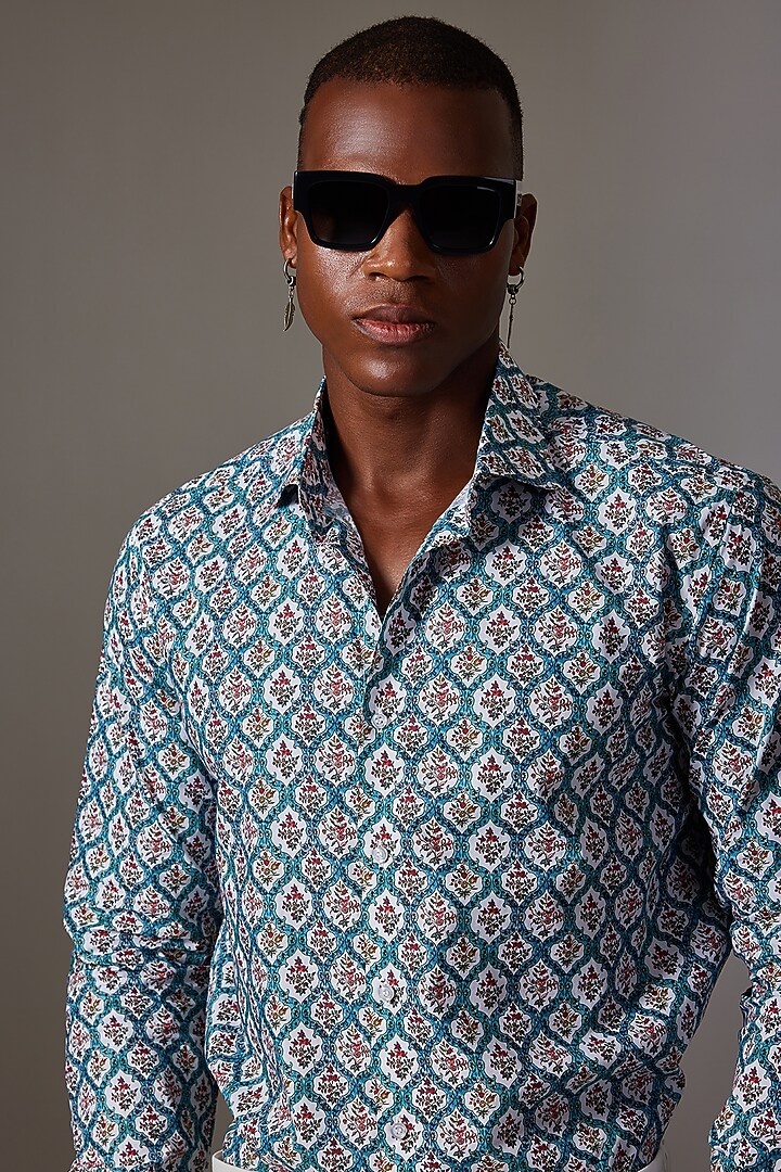 Blue Cotton Printed Wedding Shirt by Amalfi By Mohid Merchant at Pernia's Pop Up Shop