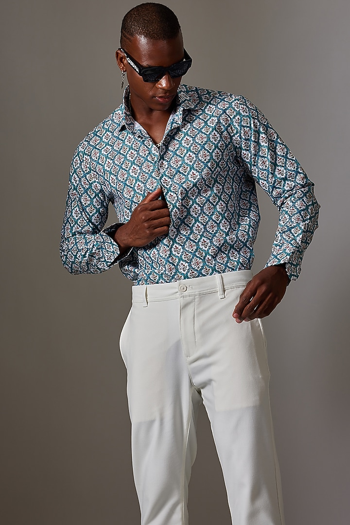 Blue Cotton Printed Wedding Shirt by Amalfi By Mohid Merchant at Pernia's Pop Up Shop