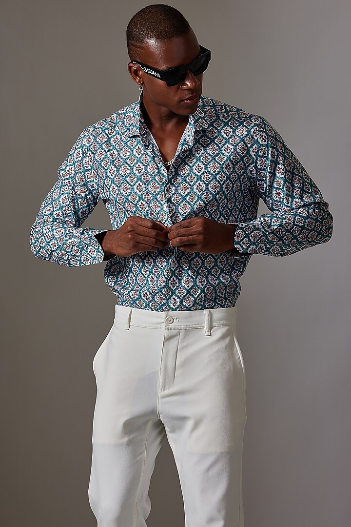 Blue Cotton Printed Wedding Shirt by Amalfi By Mohid Merchant at Pernia's Pop Up Shop