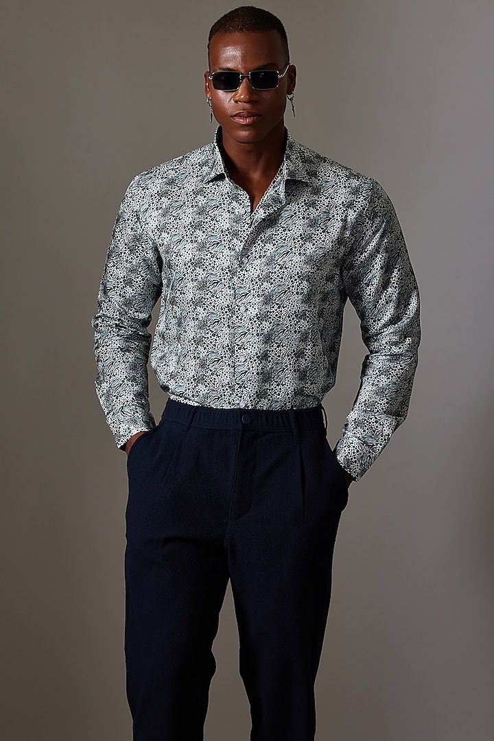 Blue Cotton Silk Printed Shirt by Amalfi By Mohid Merchant