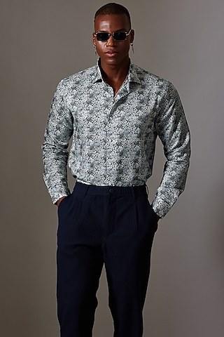 Blue Cotton Silk Printed Shirt by Amalfi By Mohid Merchant