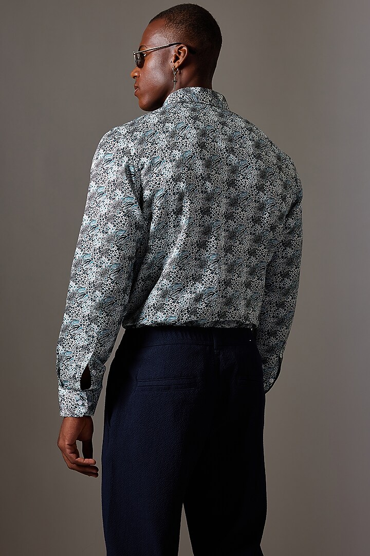 Blue Cotton Silk Printed Wedding Shirt by Amalfi By Mohid Merchant at Pernia's Pop Up Shop