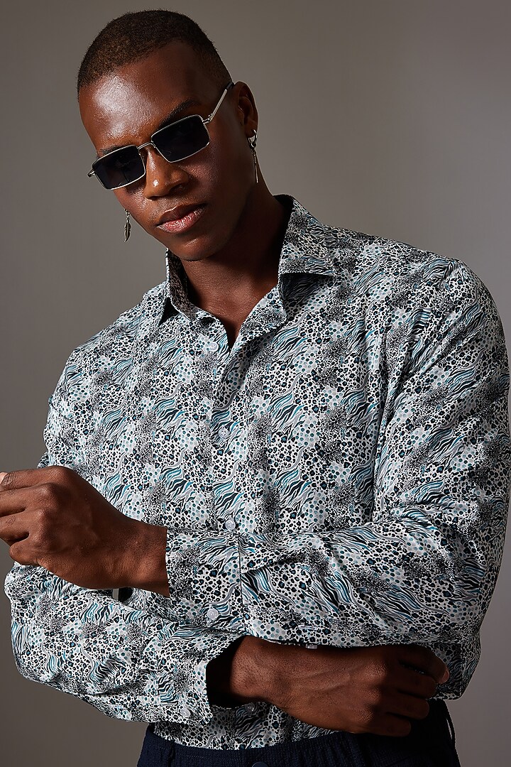Blue Cotton Silk Printed Wedding Shirt by Amalfi By Mohid Merchant at Pernia's Pop Up Shop