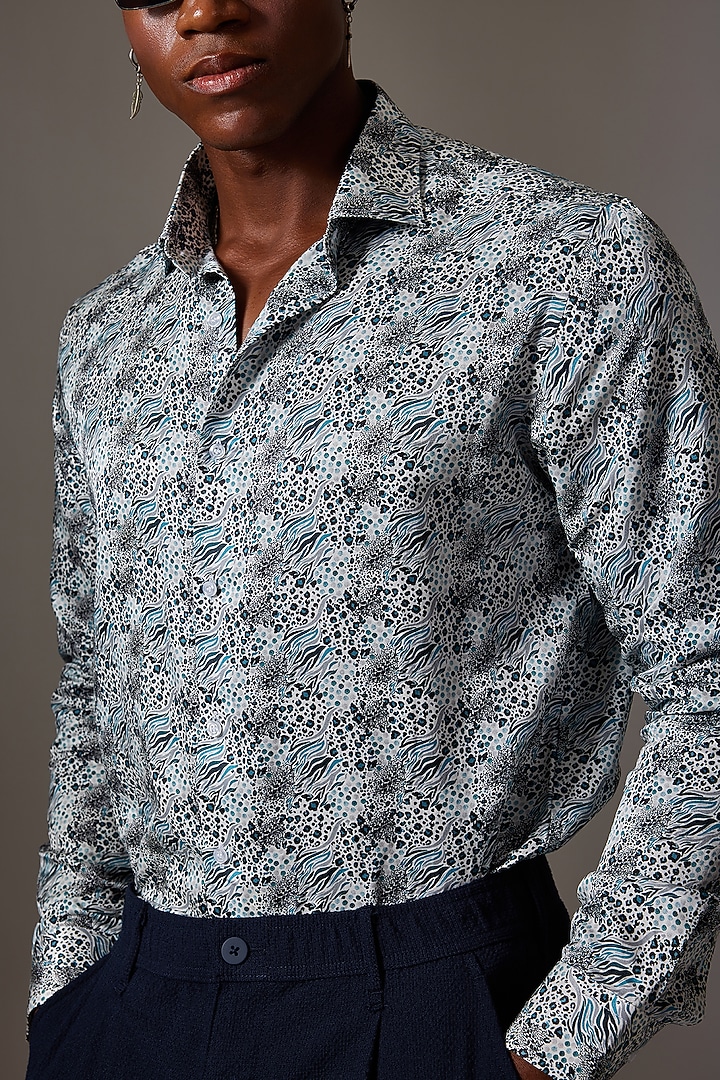 Blue Cotton Silk Printed Wedding Shirt by Amalfi By Mohid Merchant at Pernia's Pop Up Shop