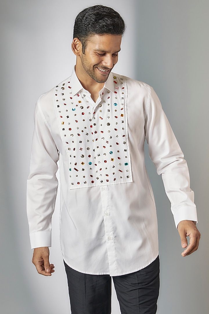 White Giza Cotton Embellished Party Wear Shirt by Amalfi By Mohid Merchant at Pernia's Pop Up Shop