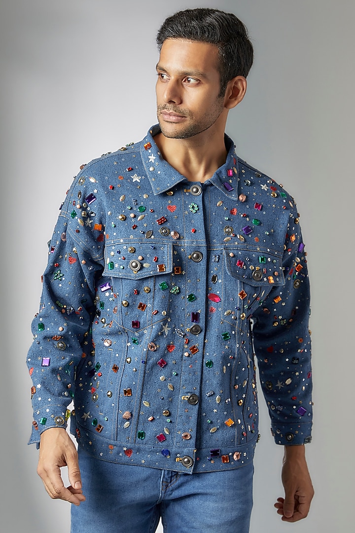 Navy Blue Denim Embellished Jacket by Amalfi By Mohid Merchant