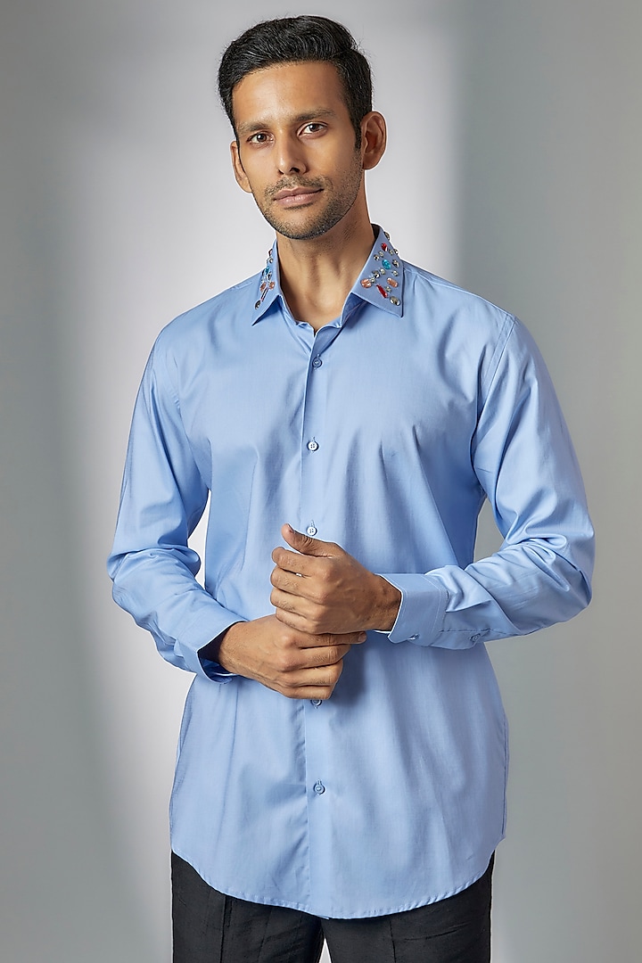 Blue Giza Cotton Shirt by Amalfi By Mohid Merchant