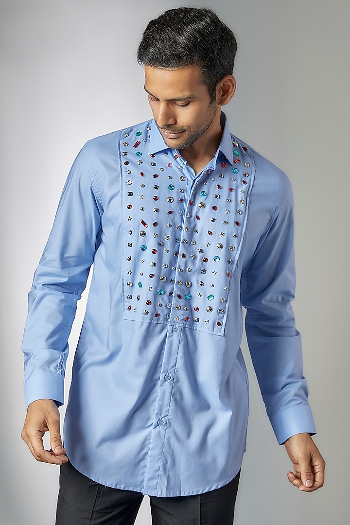 Blue Giza Cotton Embellished Shirt by Amalfi By Mohid Merchant