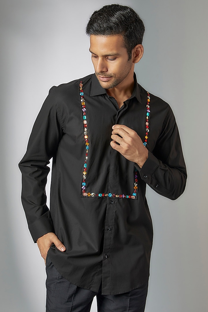 Black Giza Cotton Embellished Shirt by Amalfi By Mohid Merchant