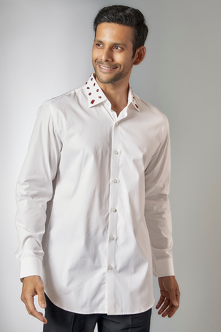 White Giza Cotton Embellished Shirt by Amalfi By Mohid Merchant