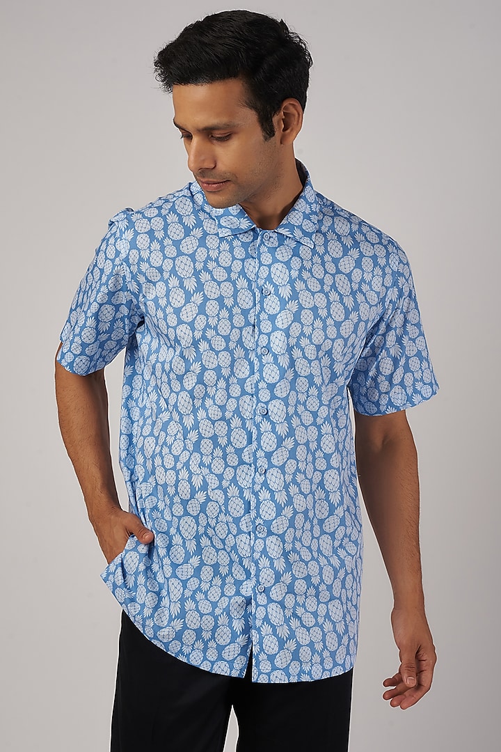Blue Cotton Digital Printed Shirt by Amalfi By Mohid Merchant