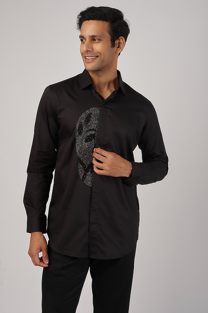 Black Cotton Digital Printed Shirt by Amalfi By Mohid Merchant