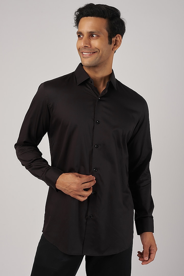 Black Cotton Digital Printed & Embroidered Shirt by Amalfi By Mohid Merchant