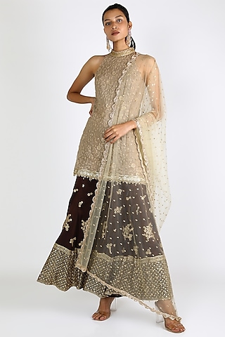 Purple & Gold Embroidered Sharara Set by azuli by nikki